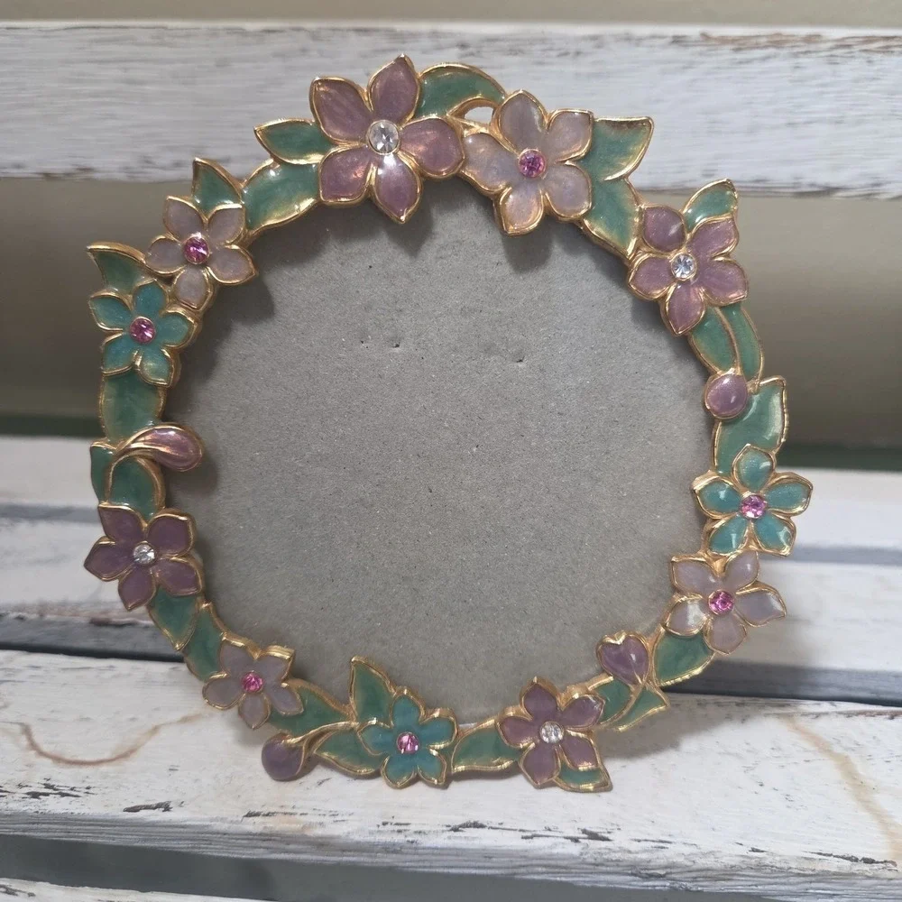 Vtg Carr Metal Purple Green Pink Enamel Jewels Floral Round Picture Frame